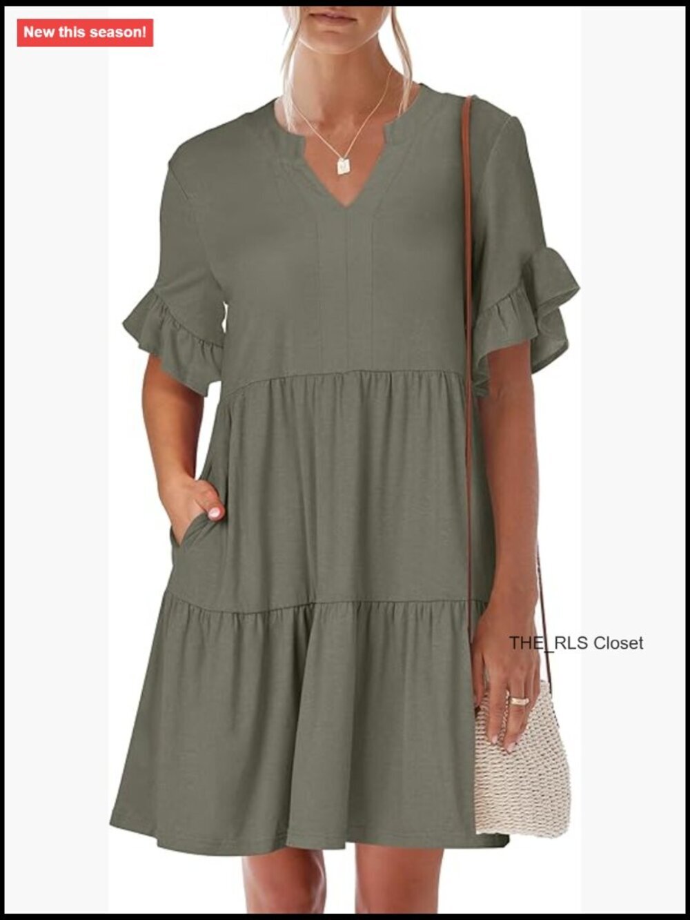 V-Neck Ruffle Sleeve Tiered Mini Dress with Pockets, Soft Rayon Blend - Picture 1 of 7
